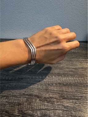 Sterling Silver Triple Band Wave Open Cuff Bracelet Modernist Minimalist